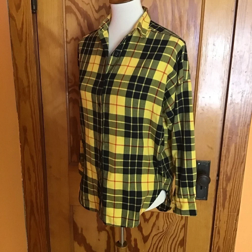 Vintage 90s Yellow Plaid Flannel Shirt Colors by Brooks Soft Grunge Preppy - Picture 9 of 11